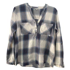 Long Sleeve V-Neck 100% Organic Cotton Top/Blouse Navy/White Size Large